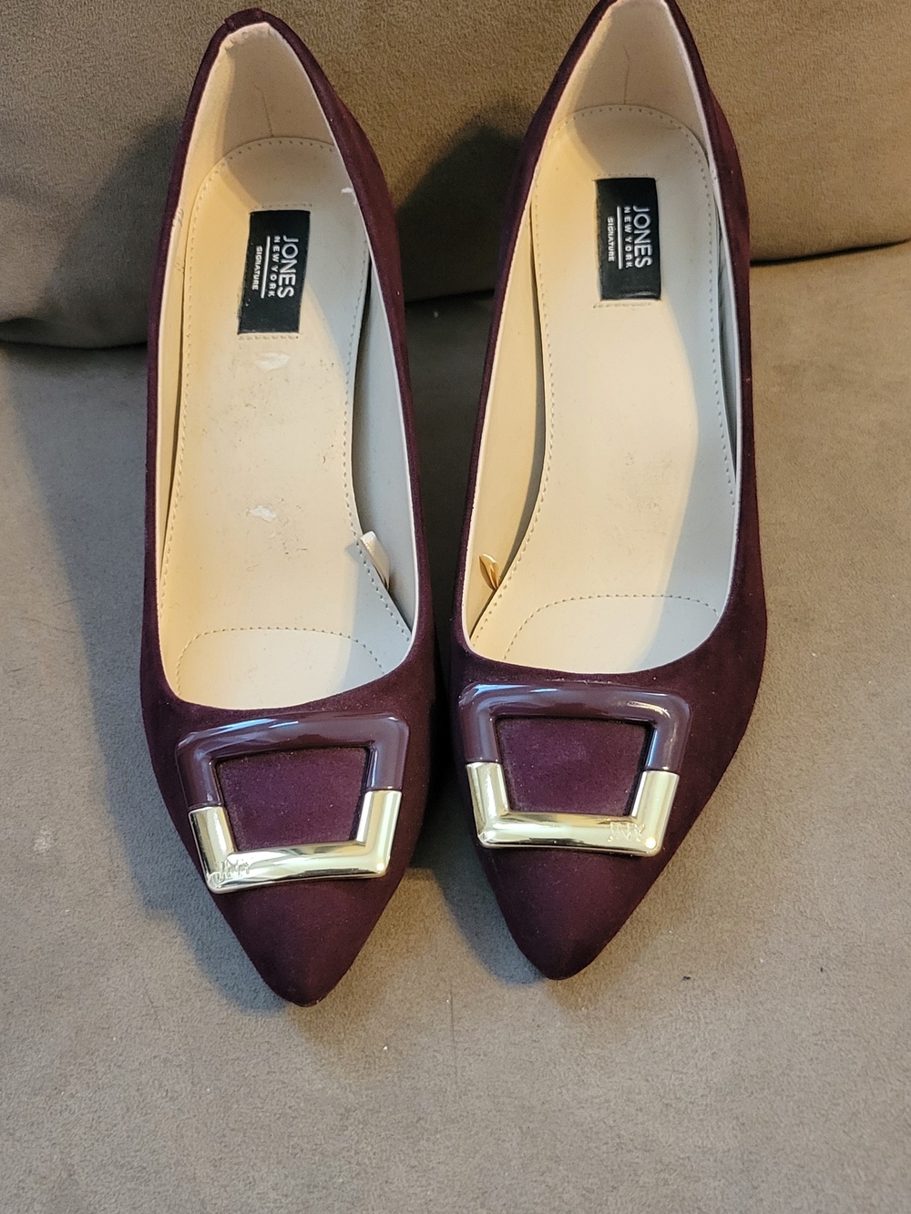 Jones New York Women's Burgundy Pointed Toe Heels with Gold Accent